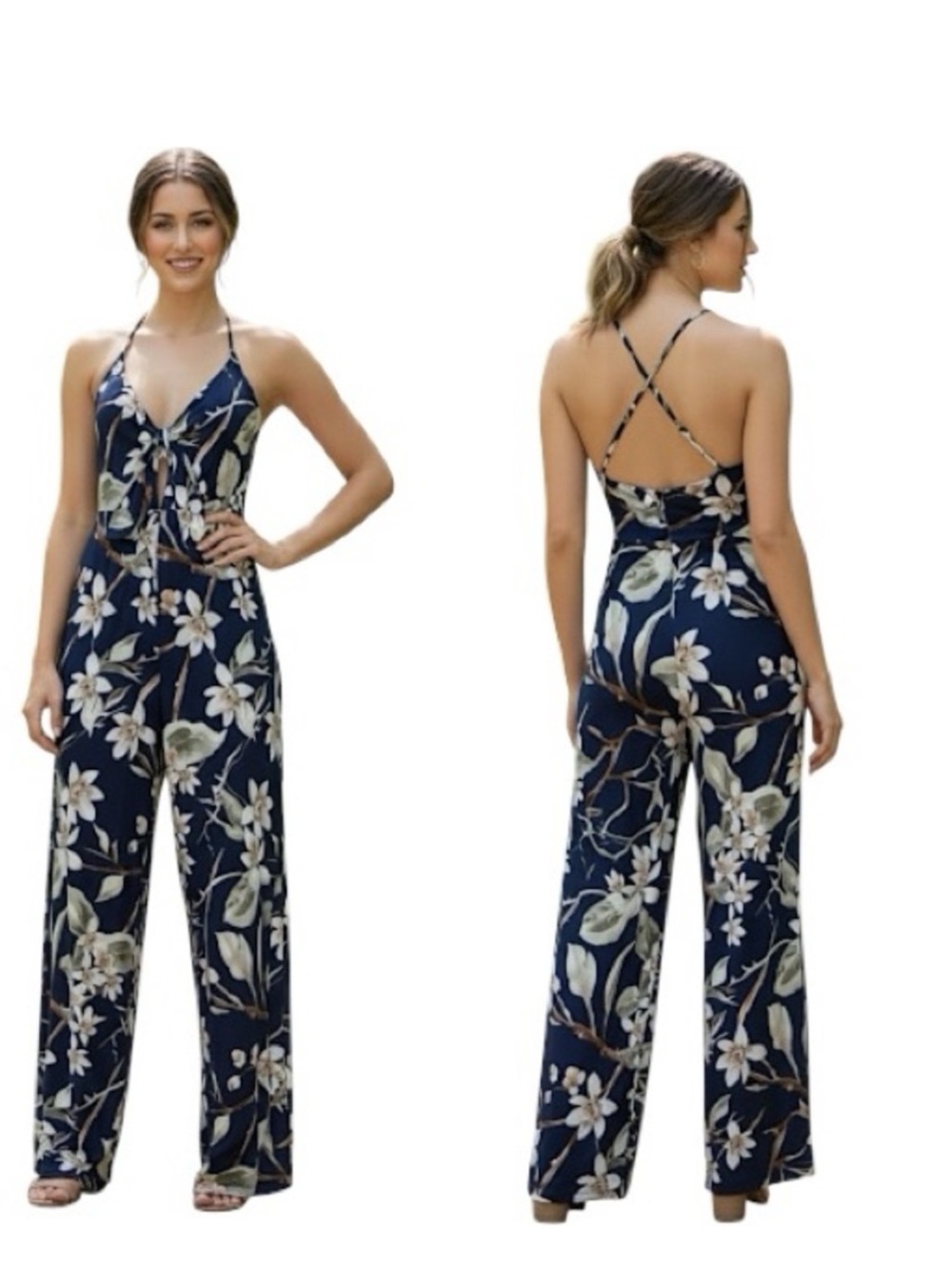 A’gaci Floral Cutout Crisscross Back Wide Leg Jumpsuit Blue Resort Vacation Boho